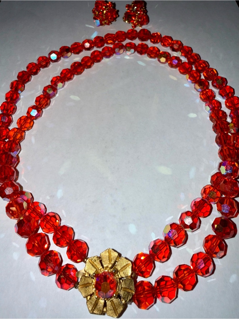 Vintage Vogue Fire Aurora Borealis Czech Crystal Necklace Gold Flower Earrings